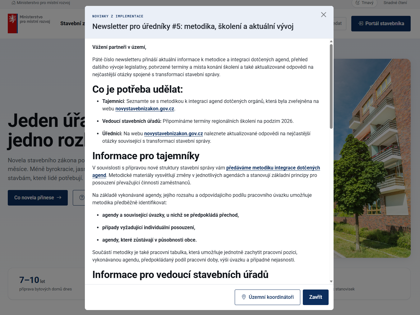 Další Newsletter pro úředníky přináší informace o metodice, školeních a vývoji transformace stavební