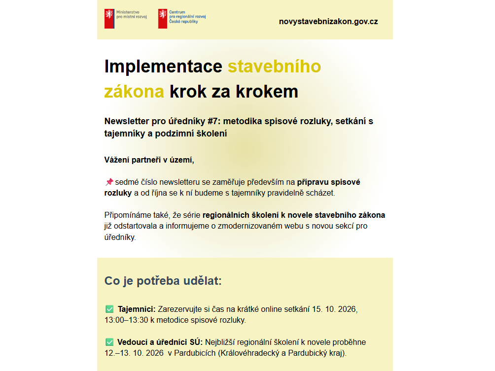 Další Newsletter pro úředníky přináší informace o metodice, školeních a vývoji transformace stavební