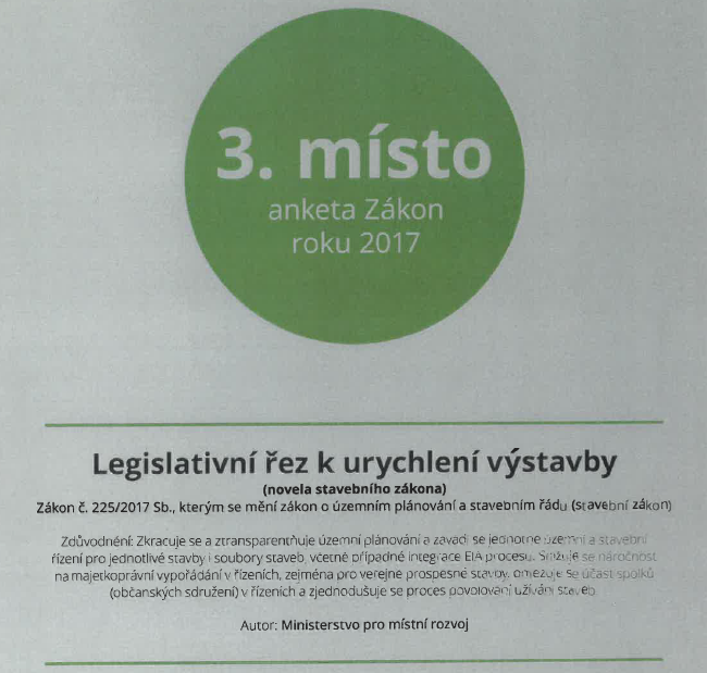  Novela stavebního zákona získala ocenění v anketě Zákon roku 2017